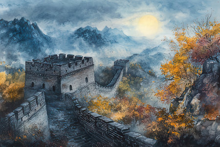 Majestic Great Wall of China in autumn season. Digital paintingの素材