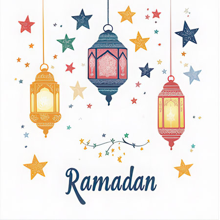 Ramadan Kareem greeting card with arabic lanterns and starsの素材