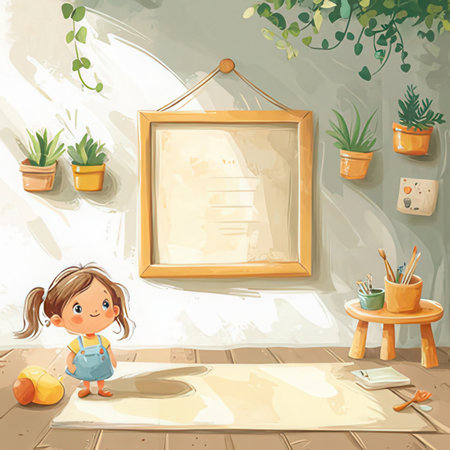 Illustration of a little girl painting on the floor with a picture frameの素材