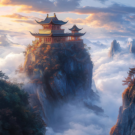 Beautiful landscape of chinese temple on the cliff with mist in the morningの素材