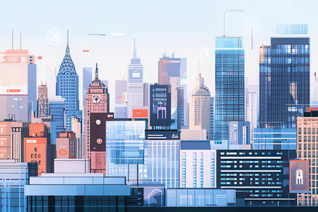 Modern cityscape with skyscrapers and high-rise buildings. Vector illustrationの素材