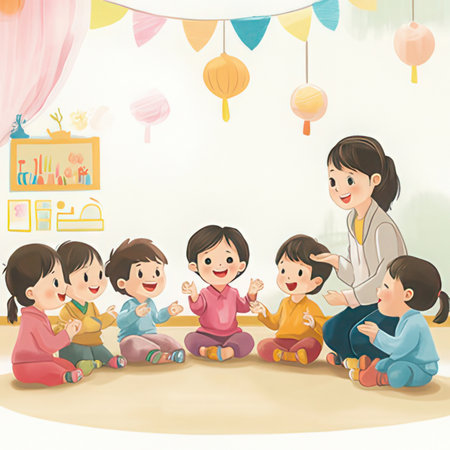 Illustration of a Happy Group of Children Sitting on the Floor and Having Funの素材