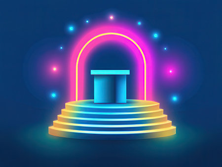 Stage podium illuminated with neon lights. Award ceremony concept. Vector illustrationの素材