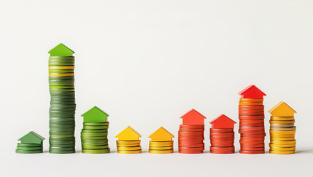 Stack of coins with red and yellow house on the white background.の素材