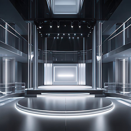 3d rendering, Futuristic corridor with lights and a round stageの素材