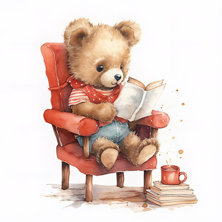 Teddy bear sitting in armchair and reading book. Watercolor illustrationの素材