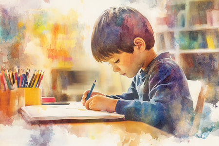 Portrait of a cute little boy drawing with colorful pencils at home.の素材