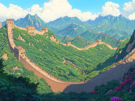 Majestic Great Wall of China in sunny day. 3D renderingの素材