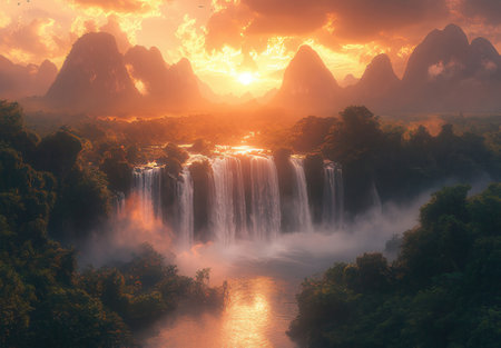 Beautiful view of a waterfall at sunsetの素材