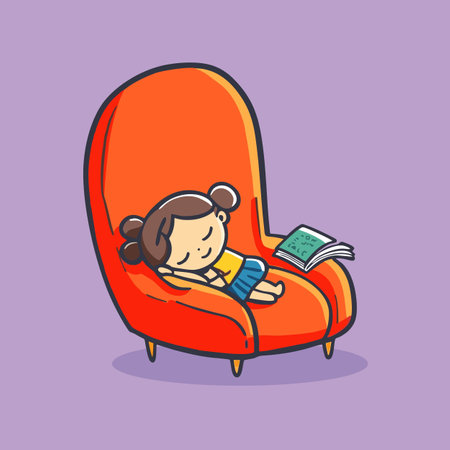 Cute little girl reading a book in armchair. Vector illustration.のイラスト素材