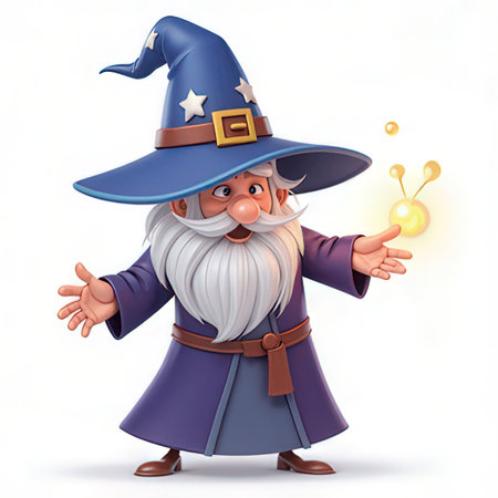 3d rendering of a wizard with magic wand on a white backgroundの素材