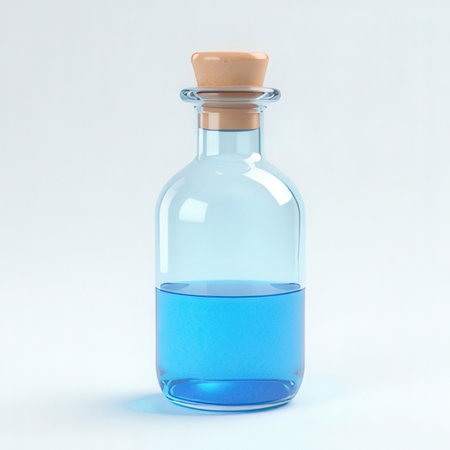 Glass bottle with blue liquid on a white background. 3d renderingの素材