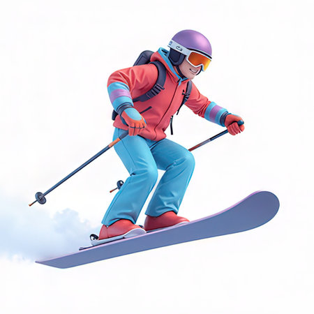 3D illustration of a female skier jumping in the air.の素材