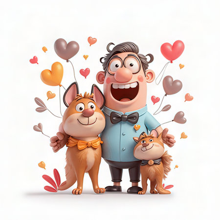 Happy man with a cat and dog. Vector illustration.の素材