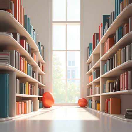 Bookshelf with books in room with big window, 3d renderの素材