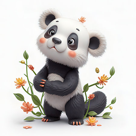 cute cartoon panda on a white background with flowers and leavesの素材