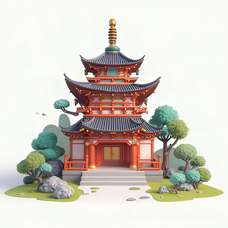 Pagoda in the garden of chinese temple, vector illustrationの素材