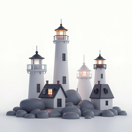 lighthouse on the rocks, 3d render, white background,の素材