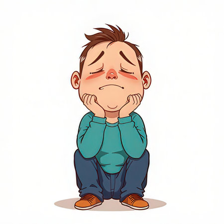 Illustration of a Cute Little Boy Crying on White Backgroundの素材