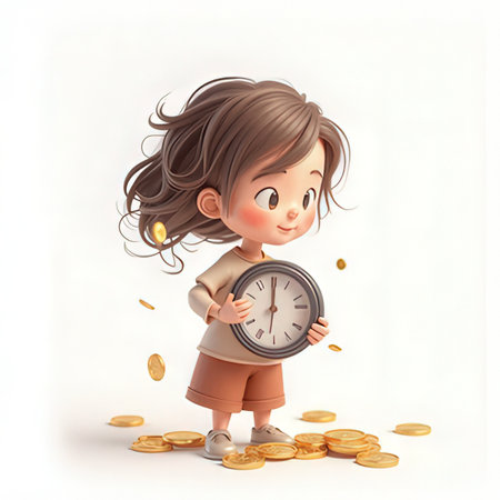 Little girl with clock and gold coins. Time is money concept.の素材