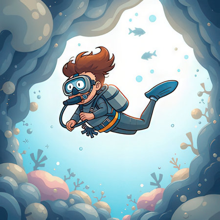 Scuba diver in underwater cave illustration. Cartoon character of diver.の素材