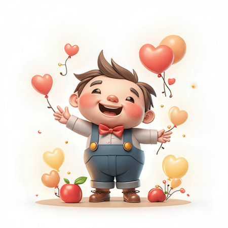3d illustration of a boy with balloons in the shape of heartsの素材