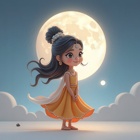 Cute little girl in yellow dress posing on a background of the full moonの素材