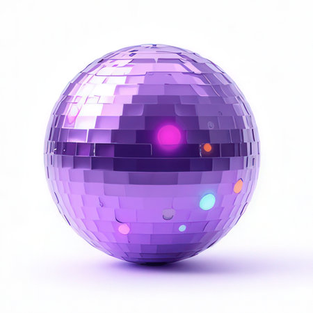 Purple disco ball isolated on white background. 3D illustration.の素材