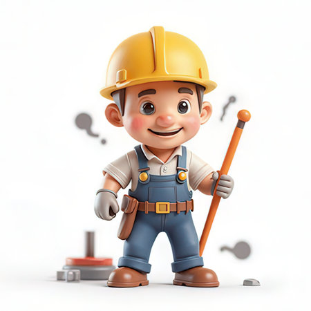 3D Render of a Little Boy Builder with a tool isolated on white backgroundの素材