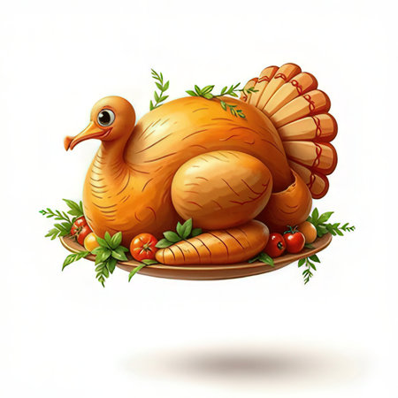 Thanksgiving turkey on a plate with vegetables and herbs, vector illustrationの素材