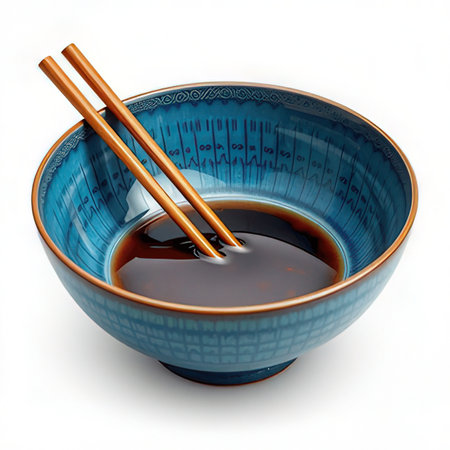 Soy sauce in a bowl with chopsticks isolated on white backgroundの素材