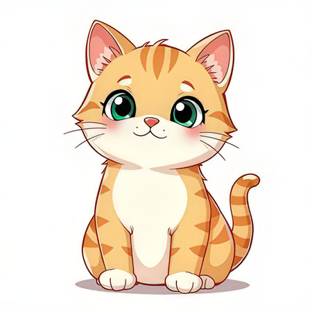 Cute cartoon cat with green eyes sitting on white background. Vector illustration.の素材