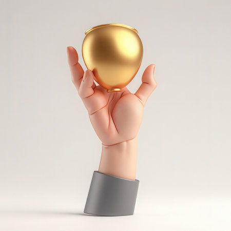 Golden trophy in hand isolated on white background. 3d illustration.の素材