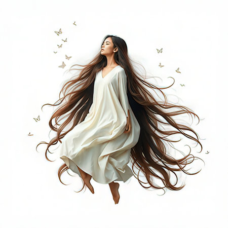 Beautiful young woman with long brown hair in motion.の素材