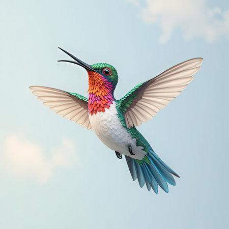 Hummingbird with wings spread in the sky. 3d renderingの素材