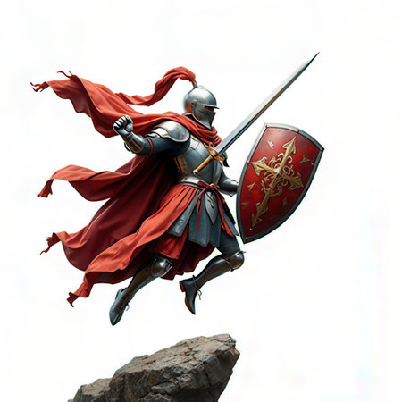 Knight with sword and shield isolated on white background. 3d illustrationの素材