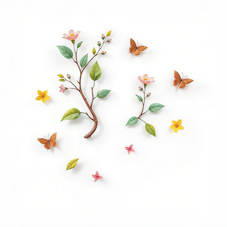 Spring flowers and butterflies on white background. Flat lay, top view.の素材
