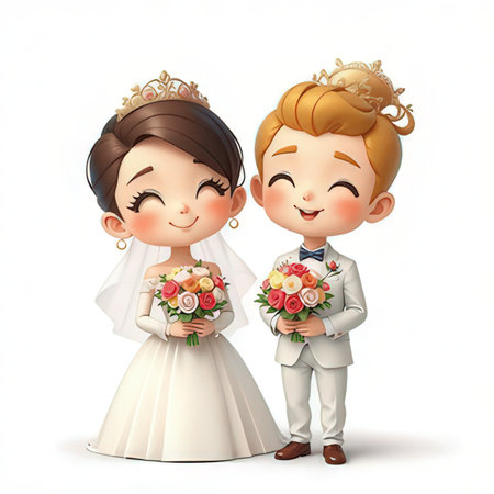 bride and groom on a white background with a bouquet of flowersの素材