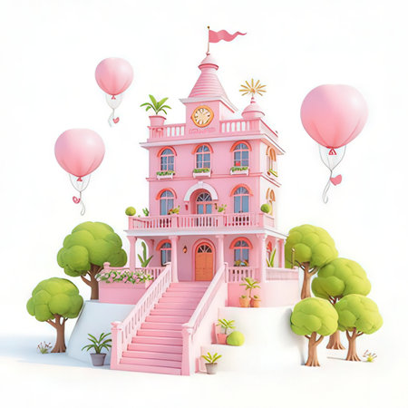 pink building with balloons and trees on a white background. 3d renderingの素材
