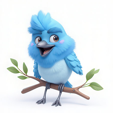 Blue bird on branch isolated on white background. 3D illustration.の素材