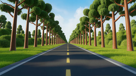Asphalt road in the green forest. 3d render illustration.の素材