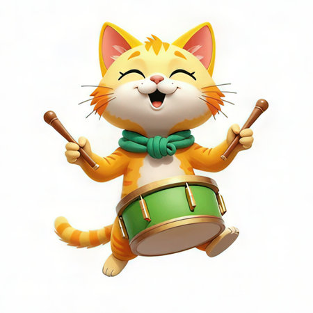 Cute cat playing a drum on white background, 3d renderingの素材
