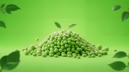 3d rendering of a pile of green peas on a green backgroundの素材