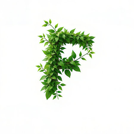Letter P made of green leaves isolated on white background with clipping pathの素材