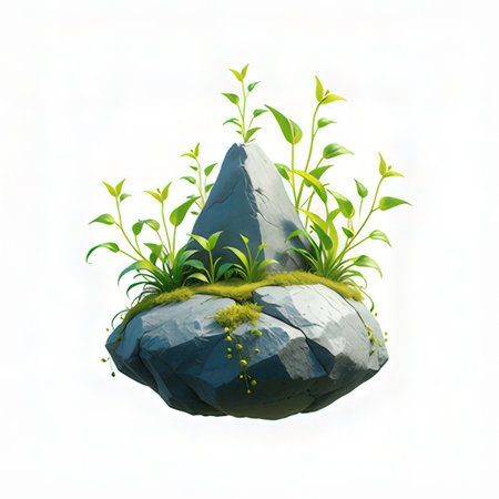 3d illustration of a rock with grass and plants isolated on white backgroundの素材