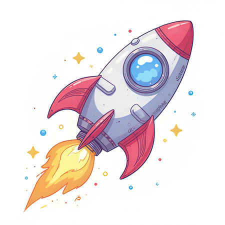 Space rocket with fire. Hand drawn vector illustration on white background.の素材