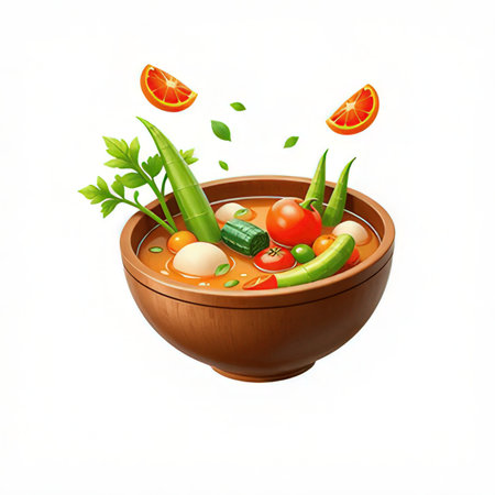 Tomato soup in a wooden bowl isolated on a white background.の素材
