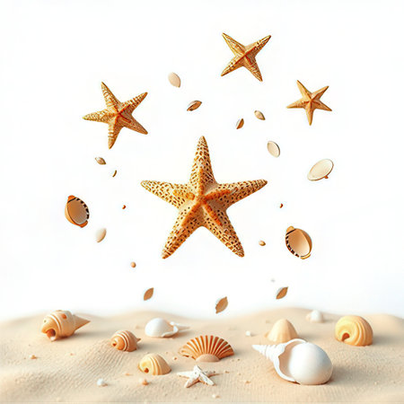 Starfish and seashells flying in the air. 3d renderingの写真素材