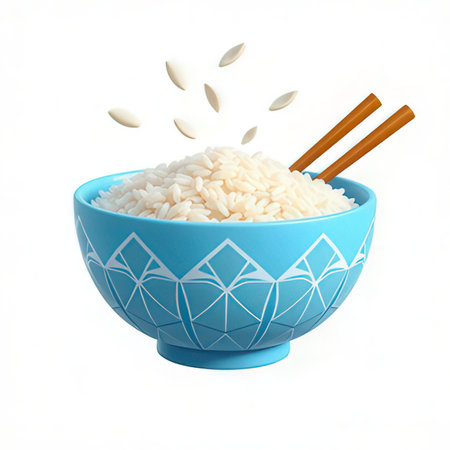 White rice in a blue bowl with chopsticks on a white backgroundの素材