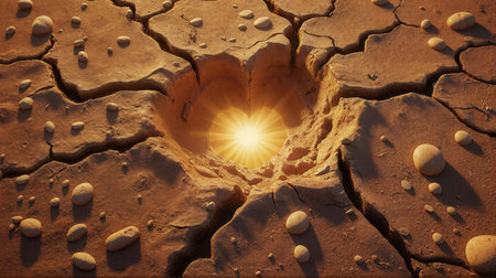 Dry cracked earth with sunbeams. 3d illustration.の素材